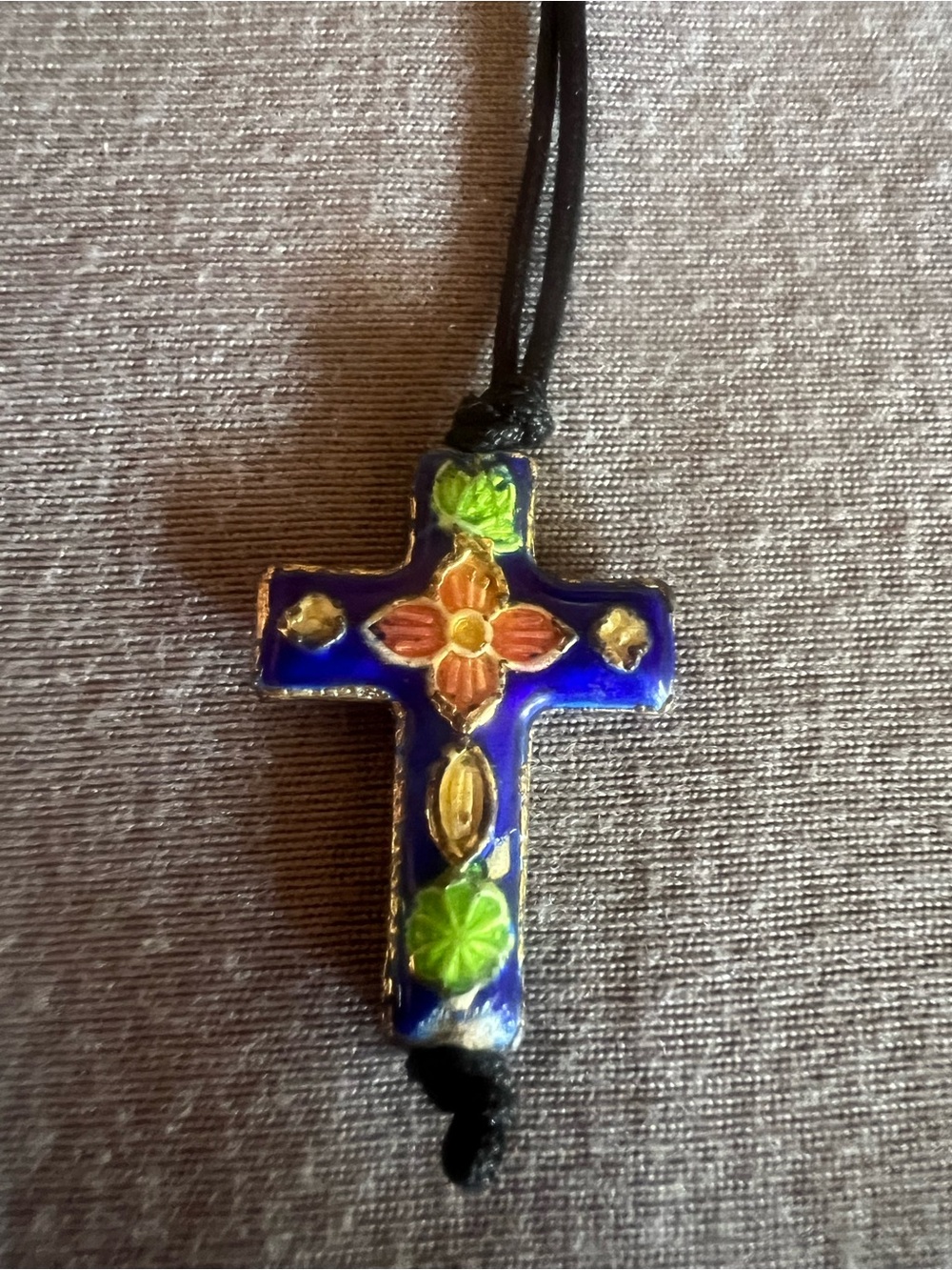 Cloisonné Blue Background/Multicolor Cross Necklace, black cord, good condition